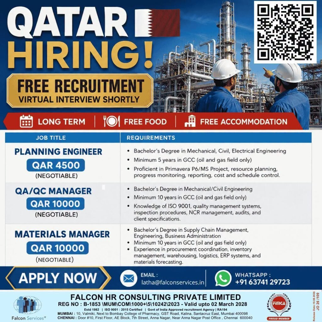 Qatar Jobs 2026 – Planning Engineer, QA/QC Manager & Materials Manager Vacancies Qatar Jobs 2026 – Planning Engineer, QA/QC Manager & Materials Manager Vacancies