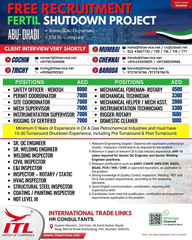 Abu Dhabi Fertil Shutdown Project Jobs 2026 – Free Recruitment for Engineers, Inspectors & Technicians