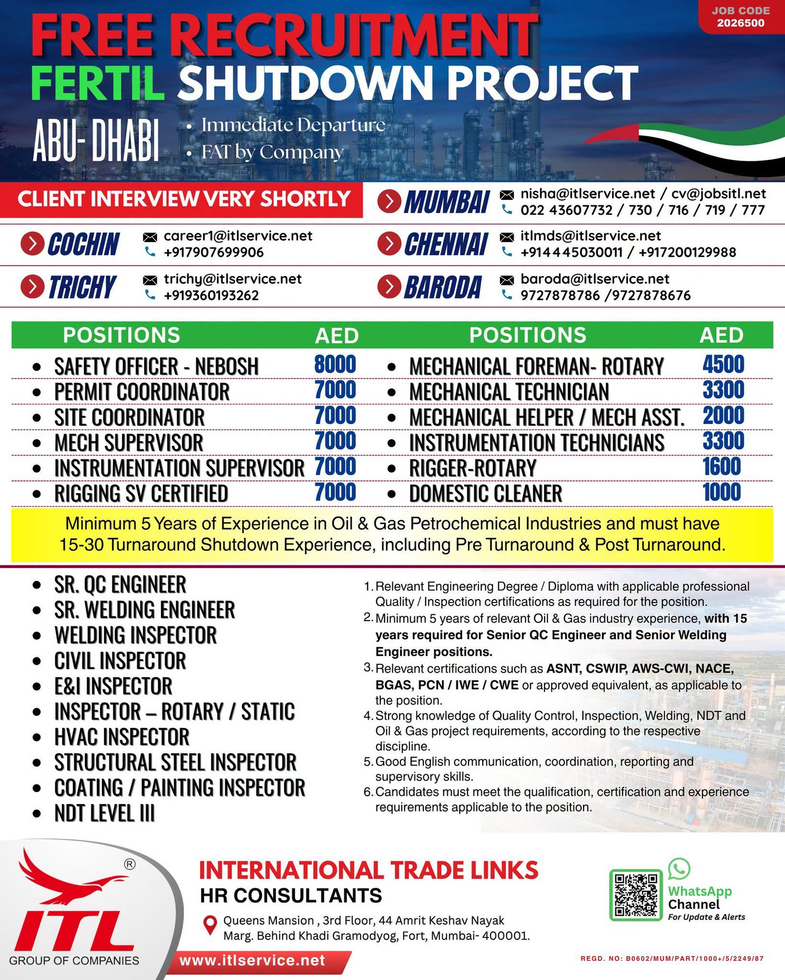 Abu Dhabi Fertil Shutdown Project Jobs 2026 – Free Recruitment for Engineers, Inspectors & Technicians