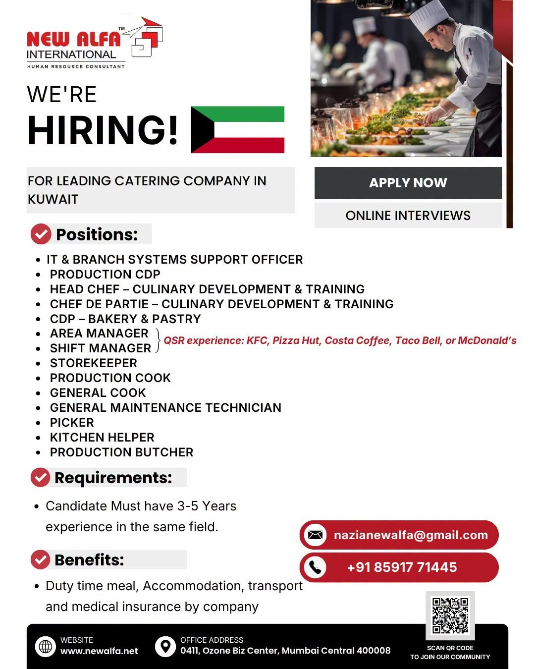 Kuwait Jobs 2026 – Catering Company Hiring Chefs, Cooks, Managers & Other Staff
