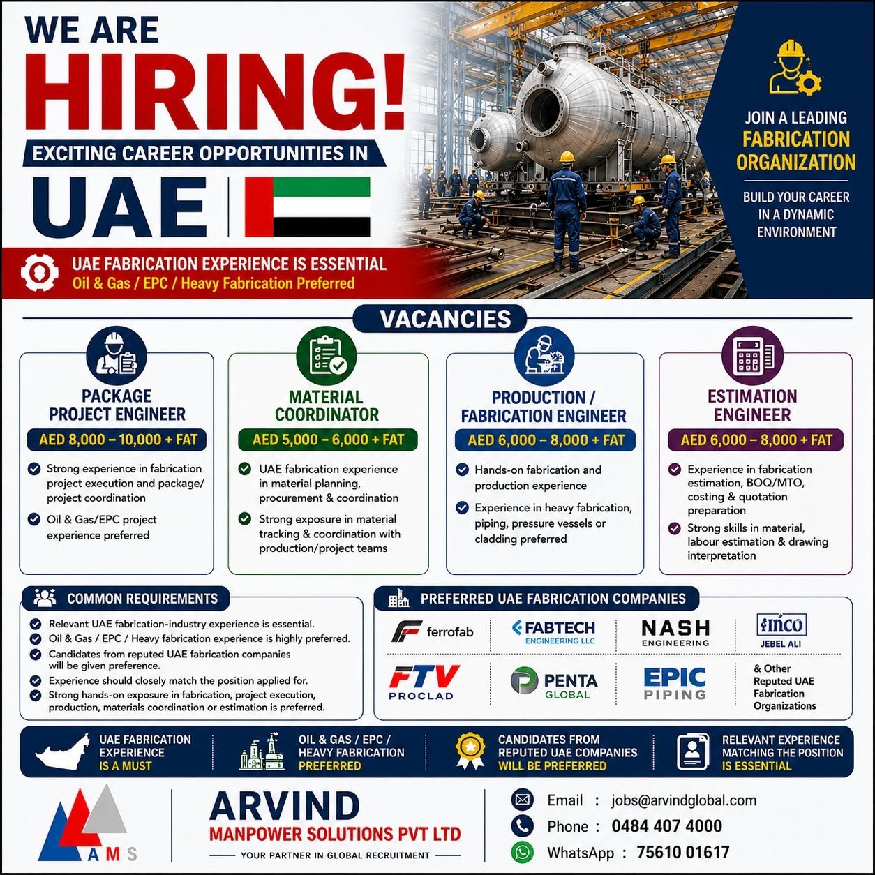 UAE Fabrication Jobs 2026 – Package Engineer, Material Coordinator, Production Engineer & Estimation Engineer