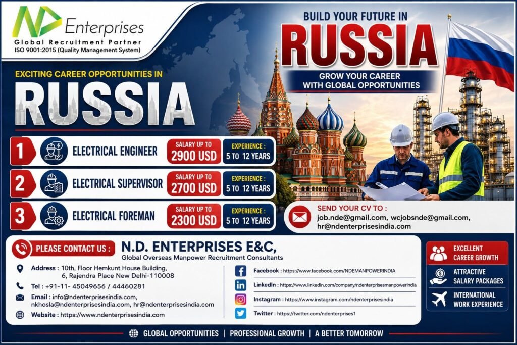Russia Jobs 2026: Electrical Engineer, Supervisor & Foreman Vacancies