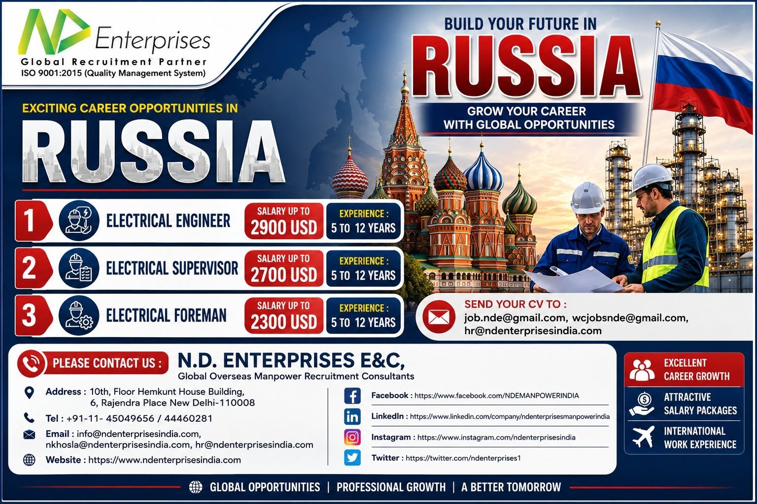 Russia Jobs 2026: Electrical Engineer, Supervisor & Foreman Vacancies