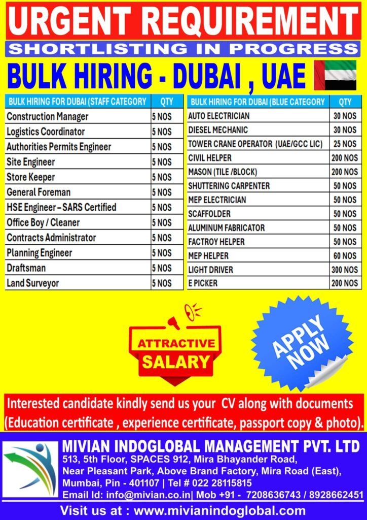 Dubai UAE Jobs 2026 – Bulk Hiring for Construction, Drivers, Helpers & Engineers