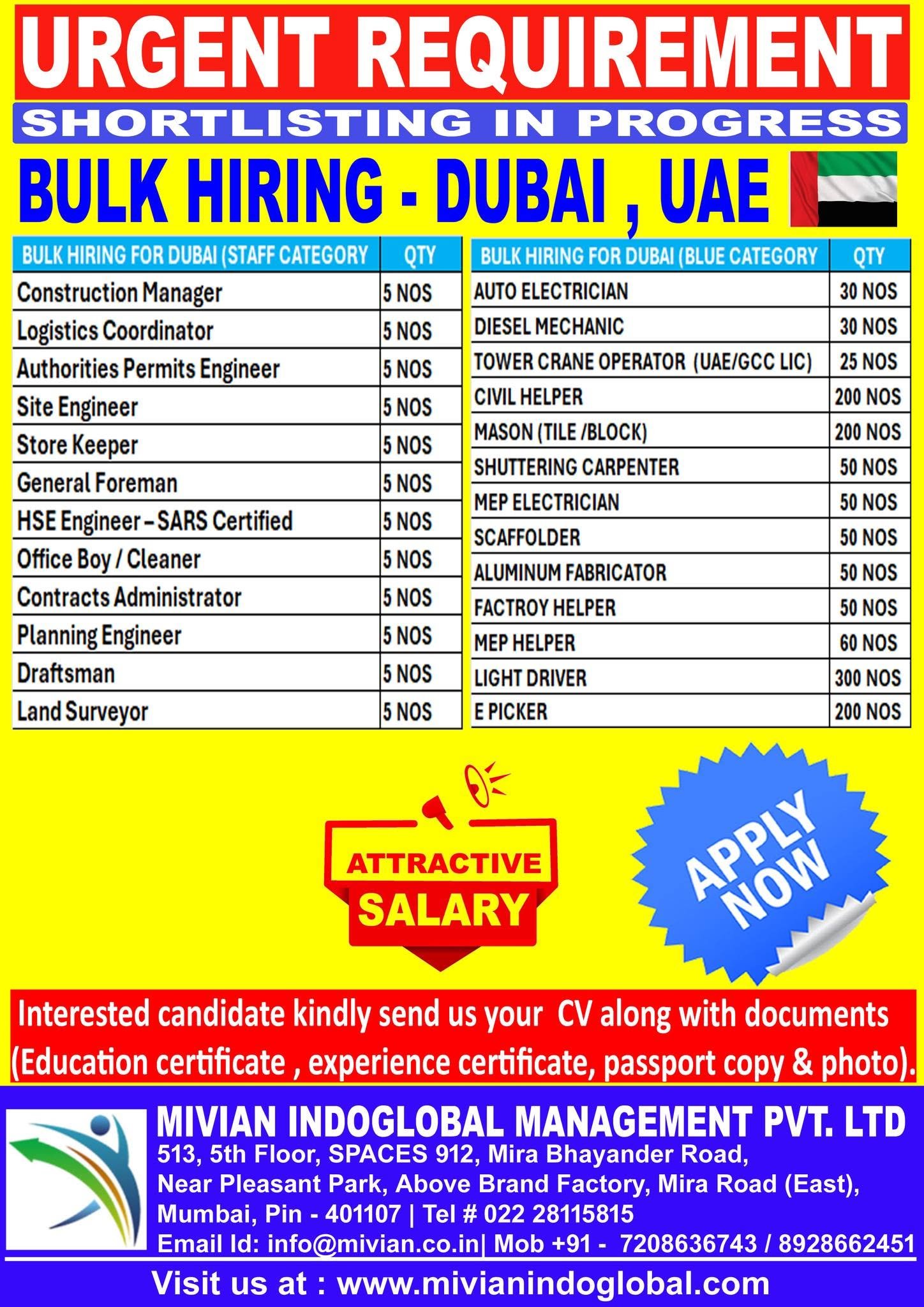Dubai UAE Jobs 2026 – Bulk Hiring for Construction, Drivers, Helpers & Engineers