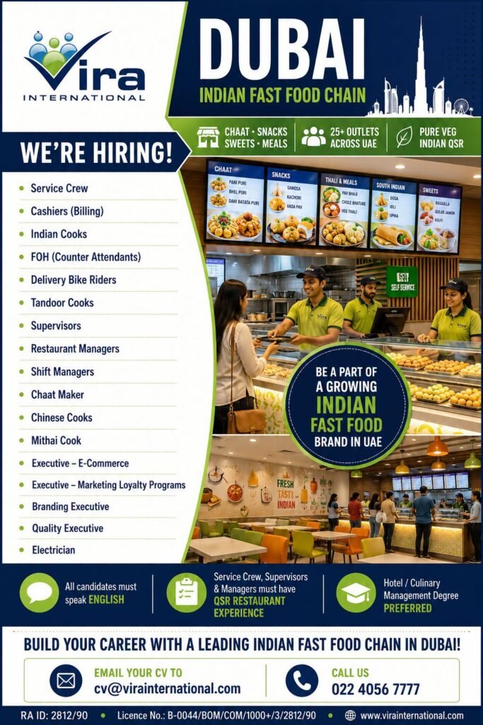 Dubai Jobs 2026 – Indian Fast Food Chain Hiring 