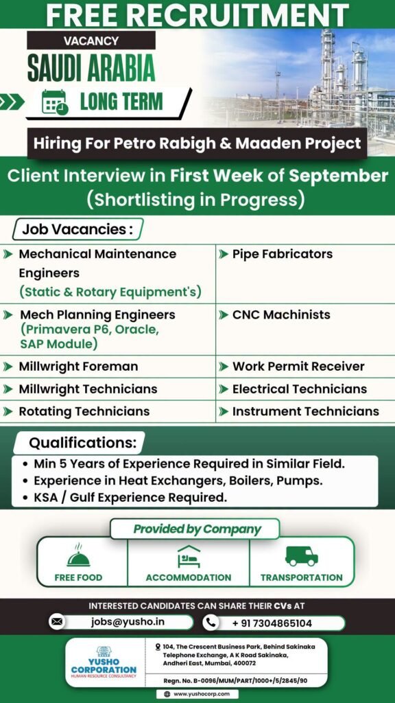 Free Recruitment For Saudi Arabia | Hiring For the Petro Rabigh & Maaden Projects