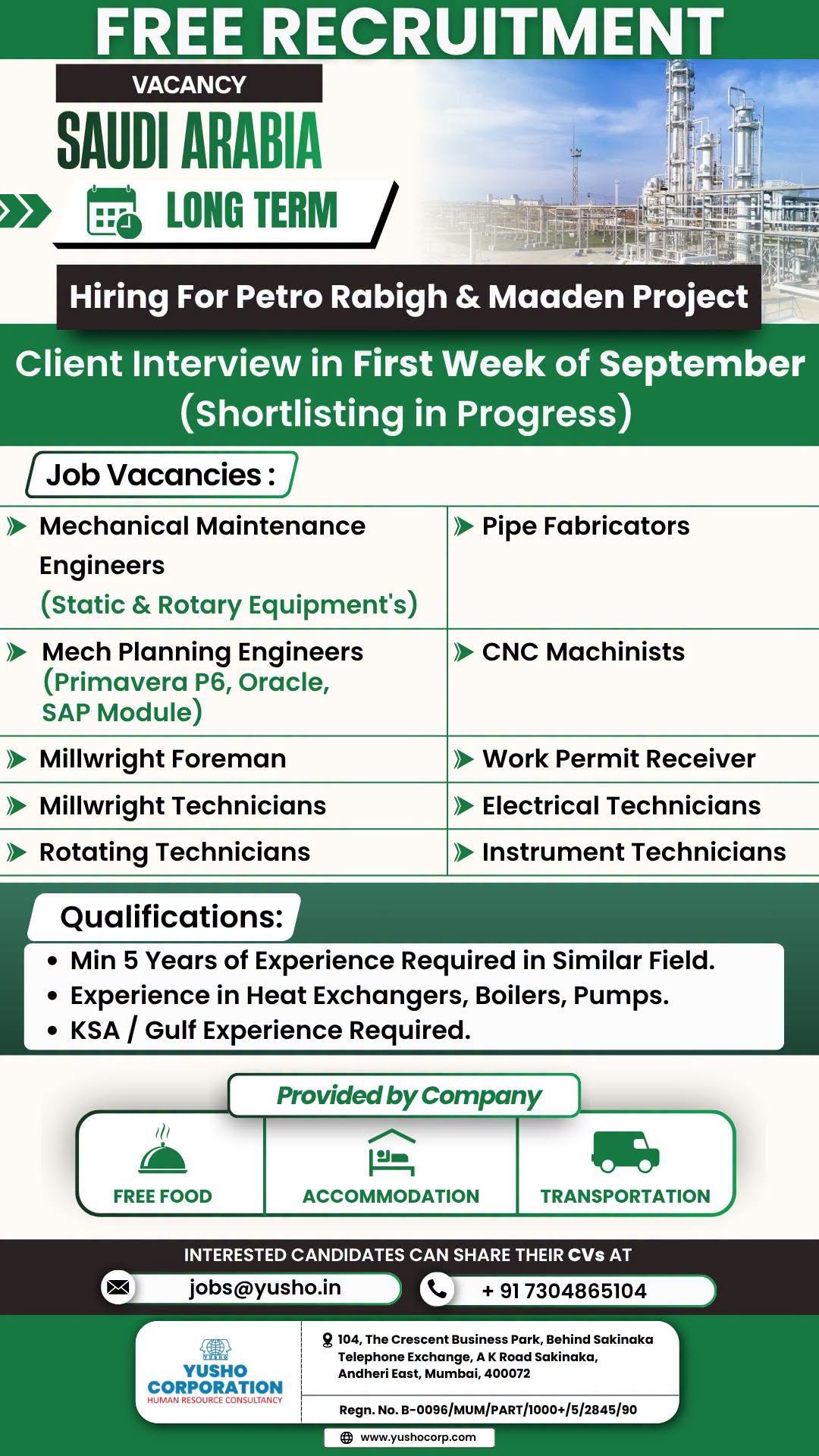 Free Recruitment For Saudi Arabia | Hiring For the Petro Rabigh & Maaden Projects