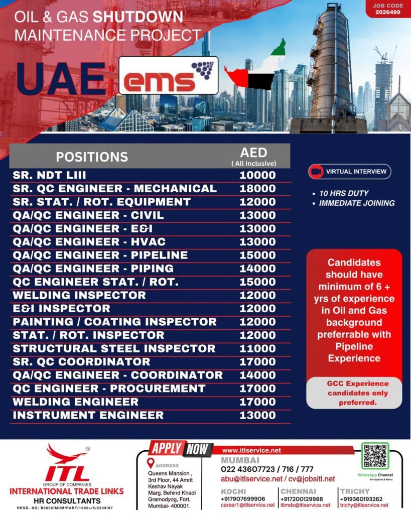 UAE EMS Oil & Gas Shutdown Maintenance Project Jobs 2026 – Apply Now