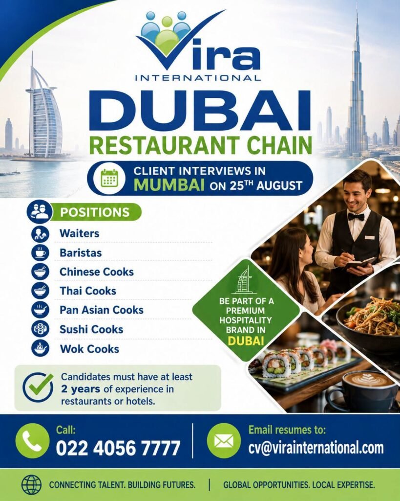 Jobs in Dubai : Hiring For Reputed Restaurant Chain