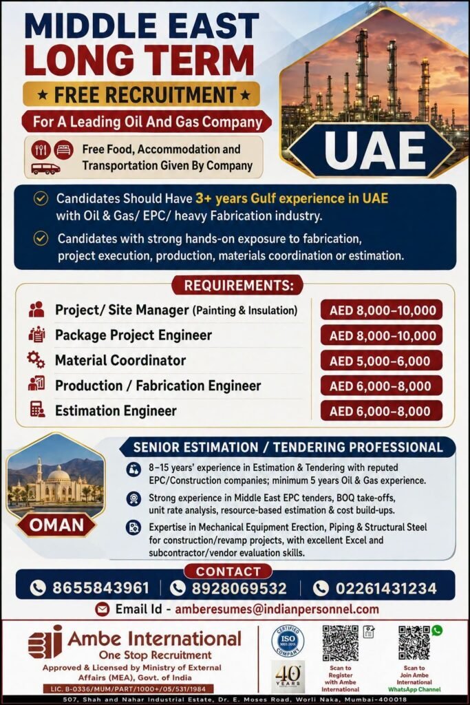 UAE Oil and Gas Jobs 2026 – Long-Term Recruitment for Project, Engineering & Fabrication Professionals