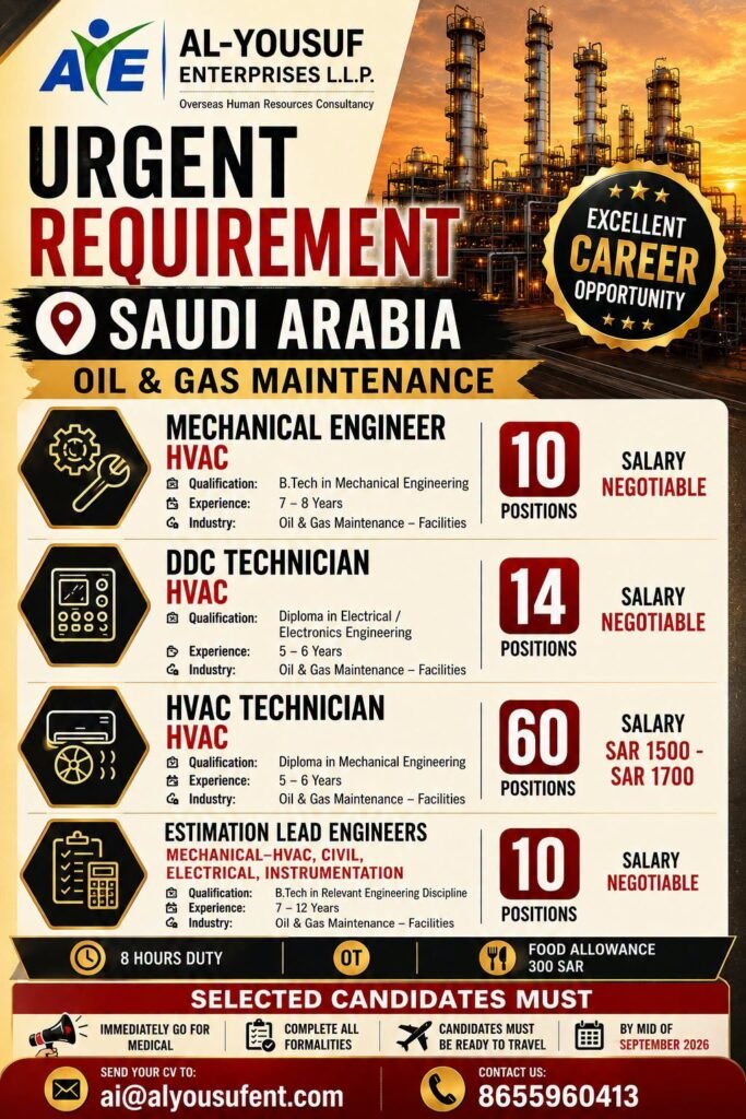 Saudi Arabia : Hiring For Oil & Gas Maintenance Project