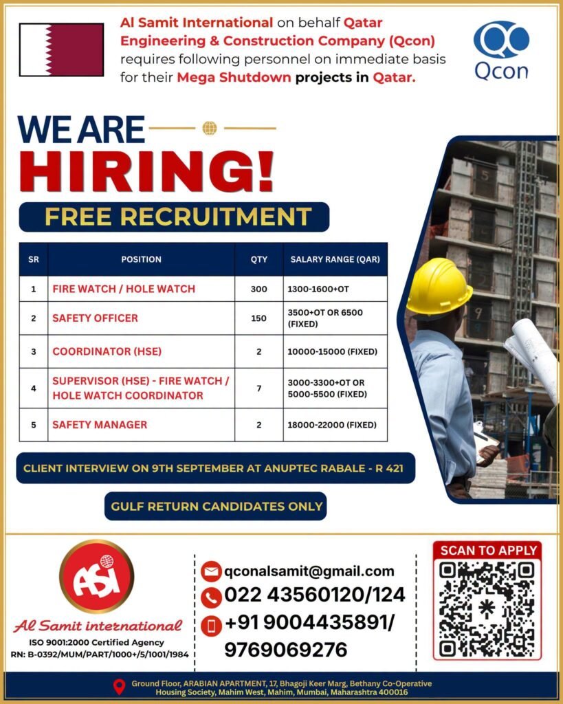 Urgent Recruitment For Qatar Engineering & Construction Company (Qcon) in Qatar