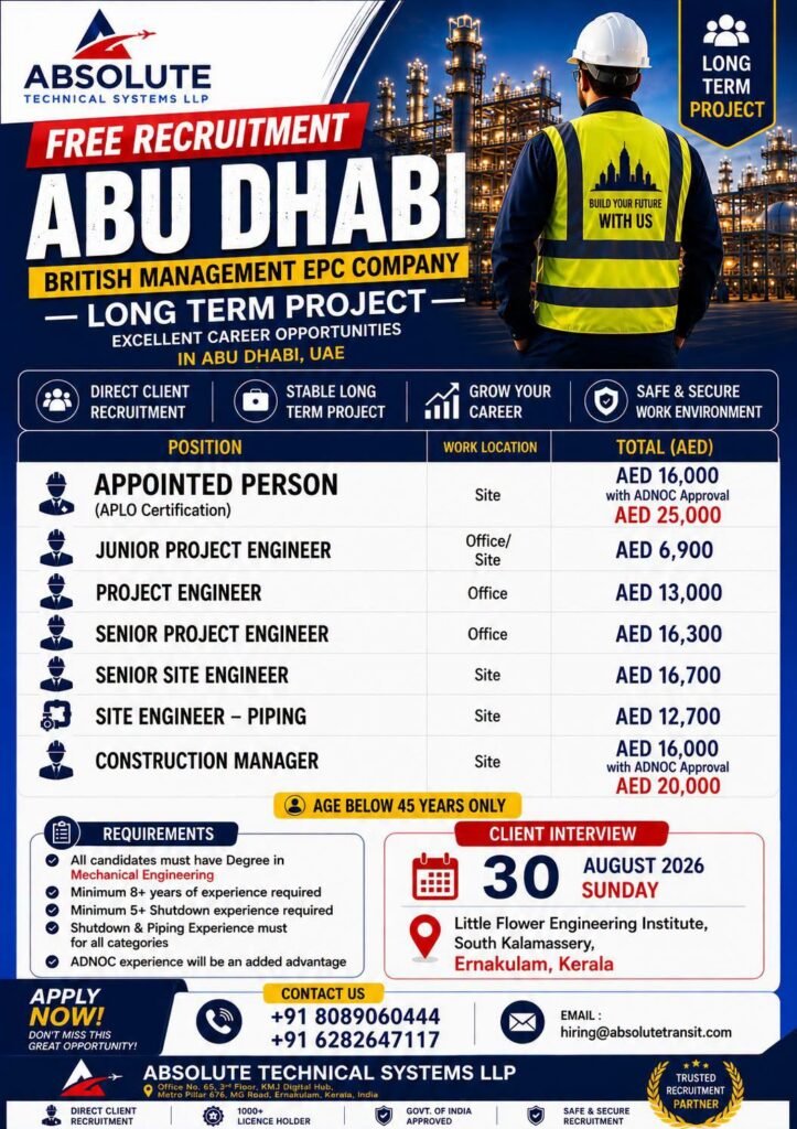 UAE Jobs 2026: Free Recruitment for British management EPC company