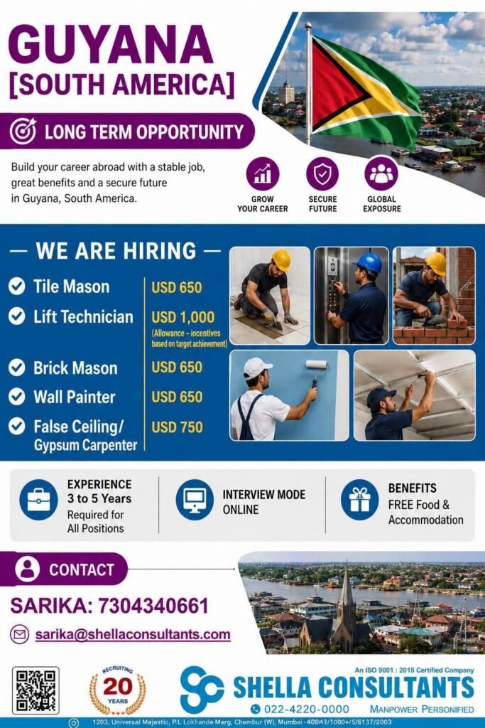 Guyana Jobs 2026 – Tile Mason, Lift Technician, Brick Mason & Painter Vacancies Guyana Jobs 2026 – Tile Mason, Lift Technician, Brick Mason & Painter Vacancies