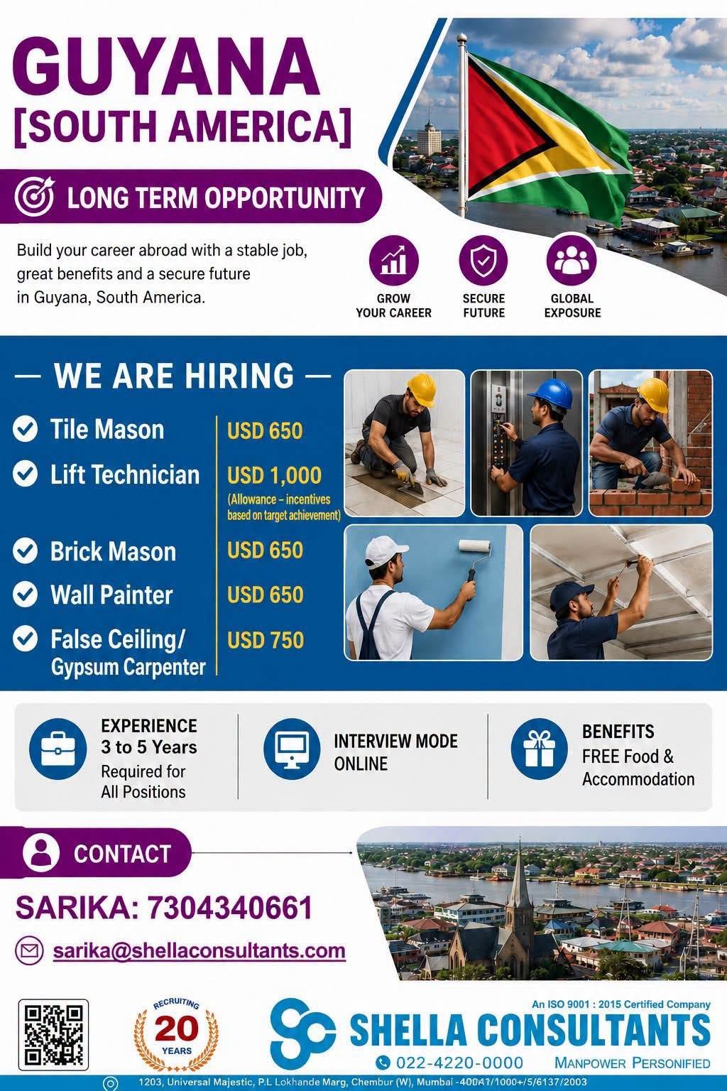 Guyana Jobs 2026 – Tile Mason, Lift Technician, Brick Mason & Painter Vacancies