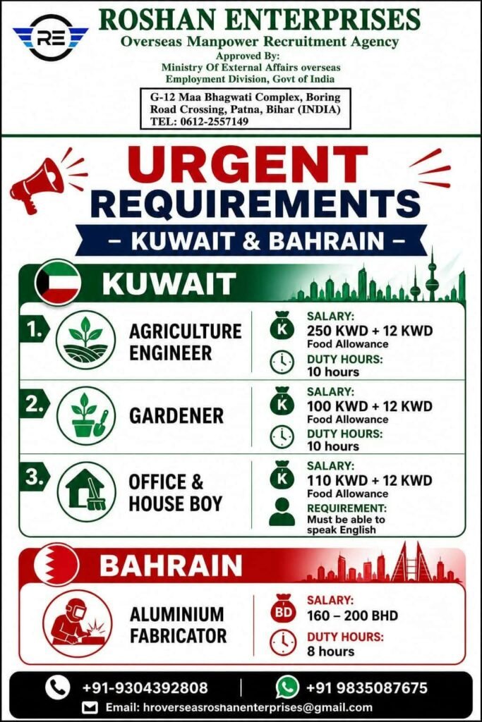 Kuwait & Bahrain Jobs 2026 – Urgent Recruitment for Engineers, Gardeners, House Boys & Aluminium Fabricators