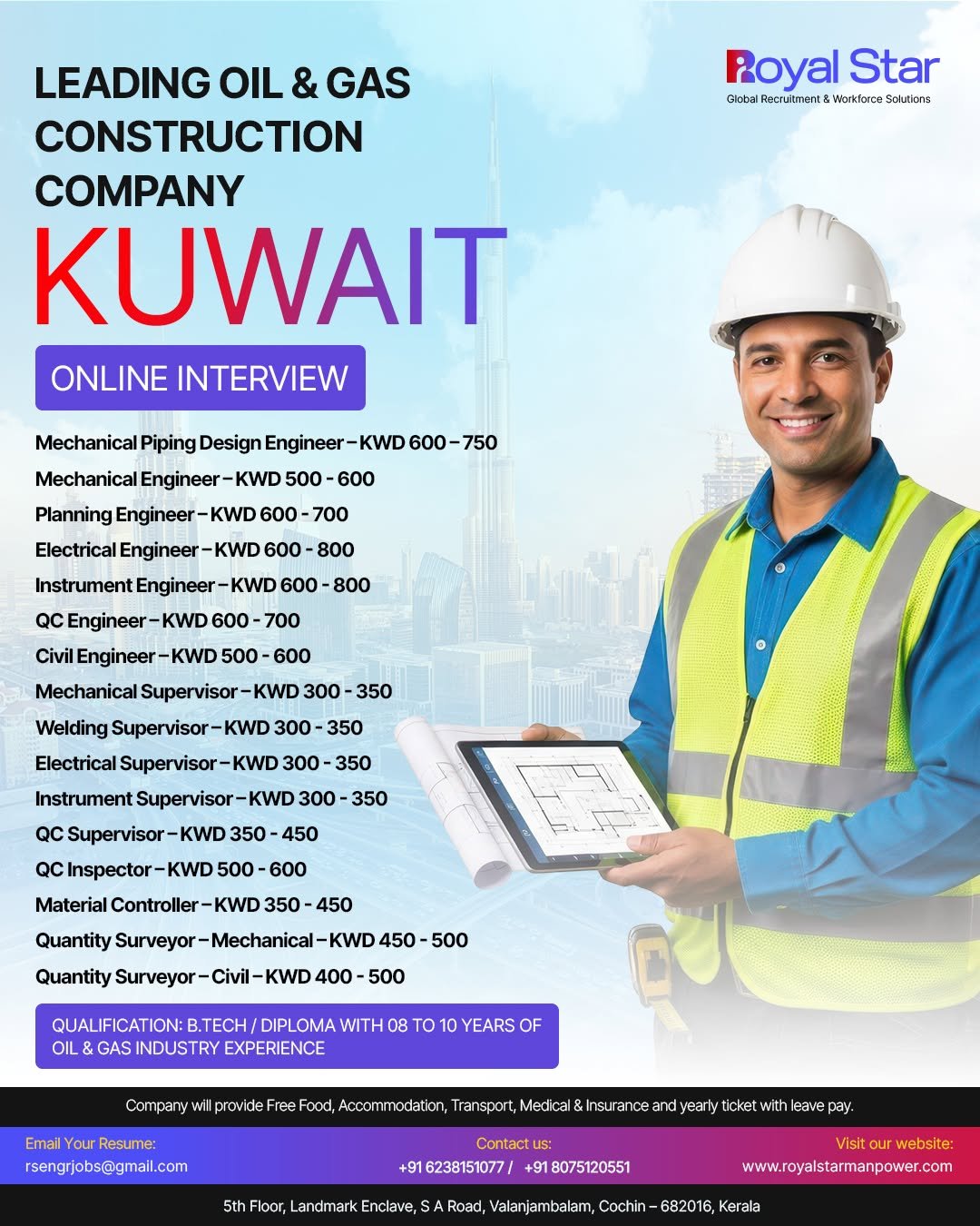 Career Opportunities in Kuwait | Oil & Gas construction company - Online Interviews