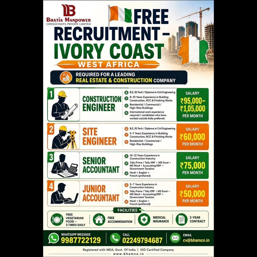 Ivory Coast Jobs 2026: Free Recruitment for Real Estate & Construction Company