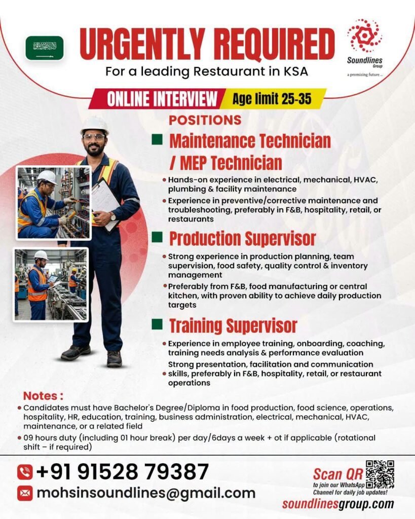 Urgent Recruitment For a leading Restaurant in Saudi Arabia