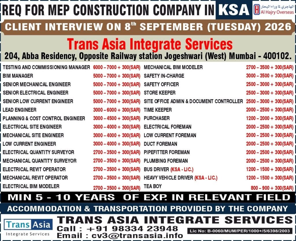 Saudi Arabia Jobs 2026 – Al Hajry Overseas MEP Construction Company Hiring Saudi Arabia Jobs 2026 – Al Hajry Overseas MEP Construction Company Hiring