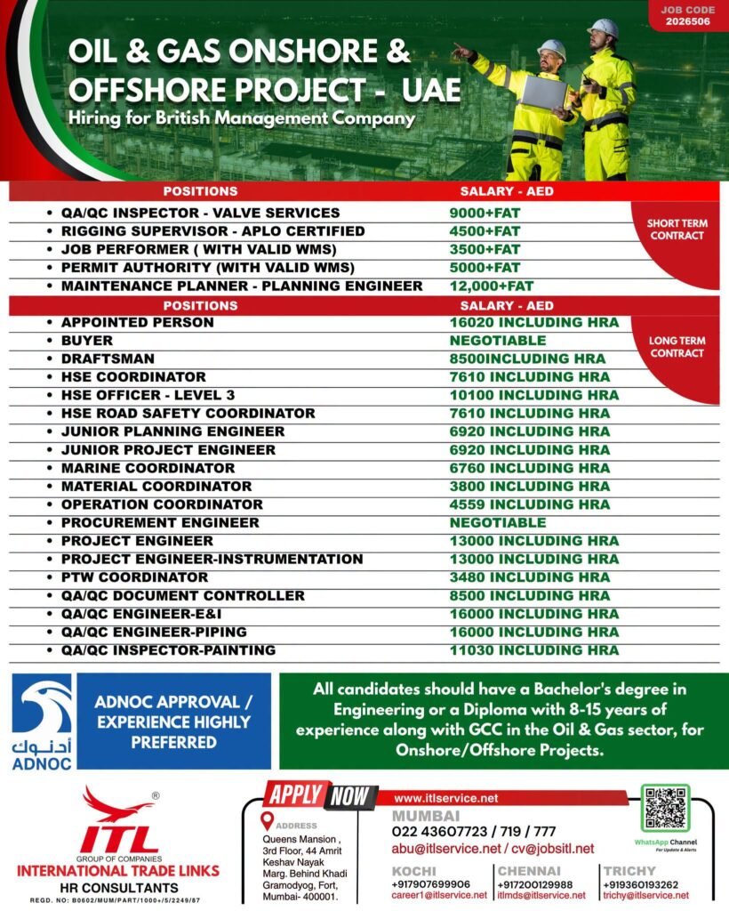 UAE : Hiring For Oil & Gas Onshore & Offshore Projects 