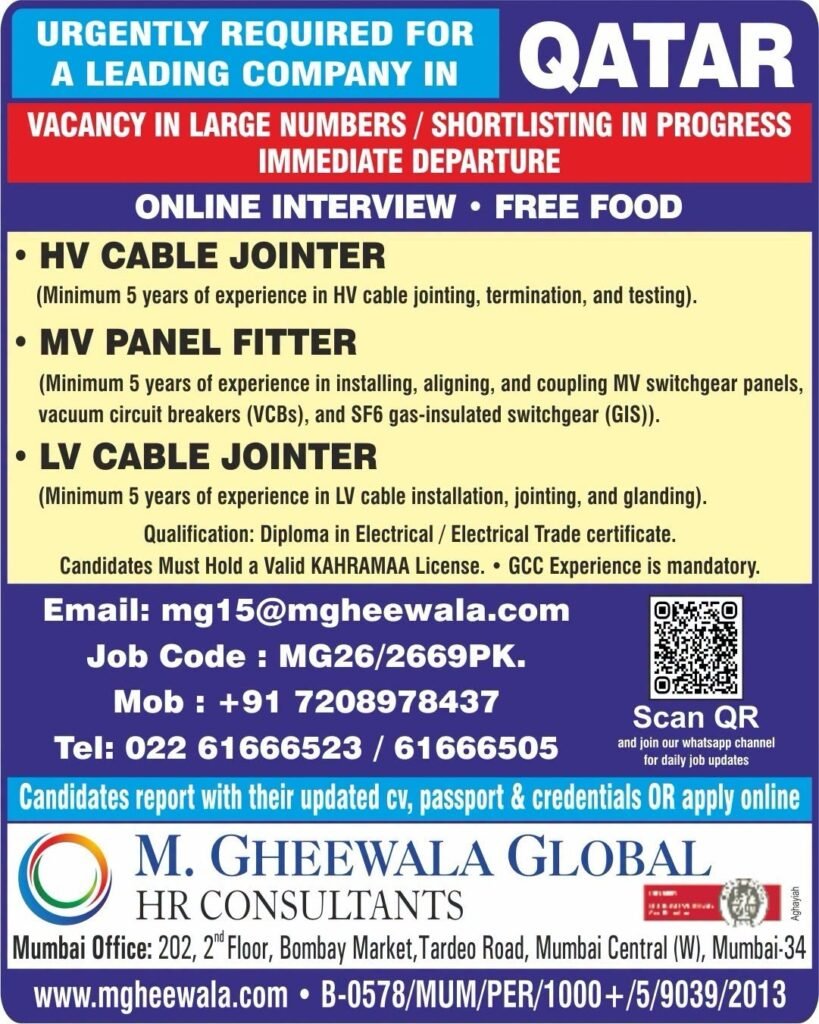 Qatar Electrical Jobs 2026 – HV Cable Jointer, MV Panel Fitter & LV Cable Jointer