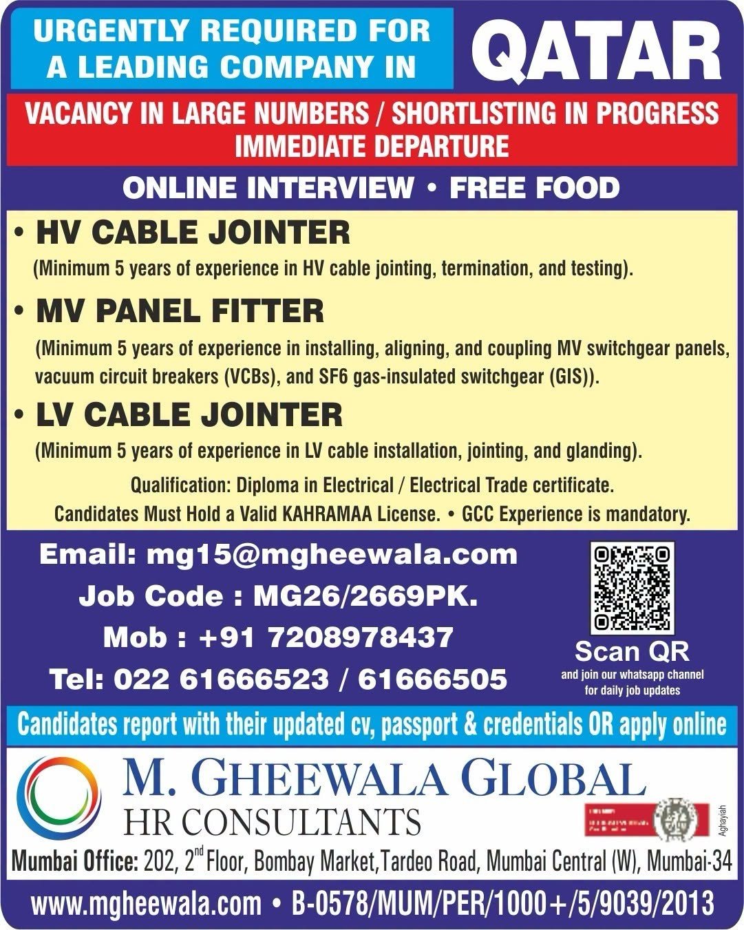 Qatar Electrical Jobs 2026 – HV Cable Jointer, MV Panel Fitter & LV Cable Jointer