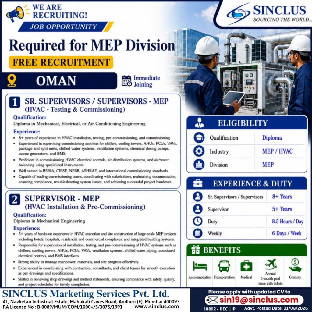 Oman Jobs 2026: Free Recruitment for MEP Supervisors and HVAC Supervisors