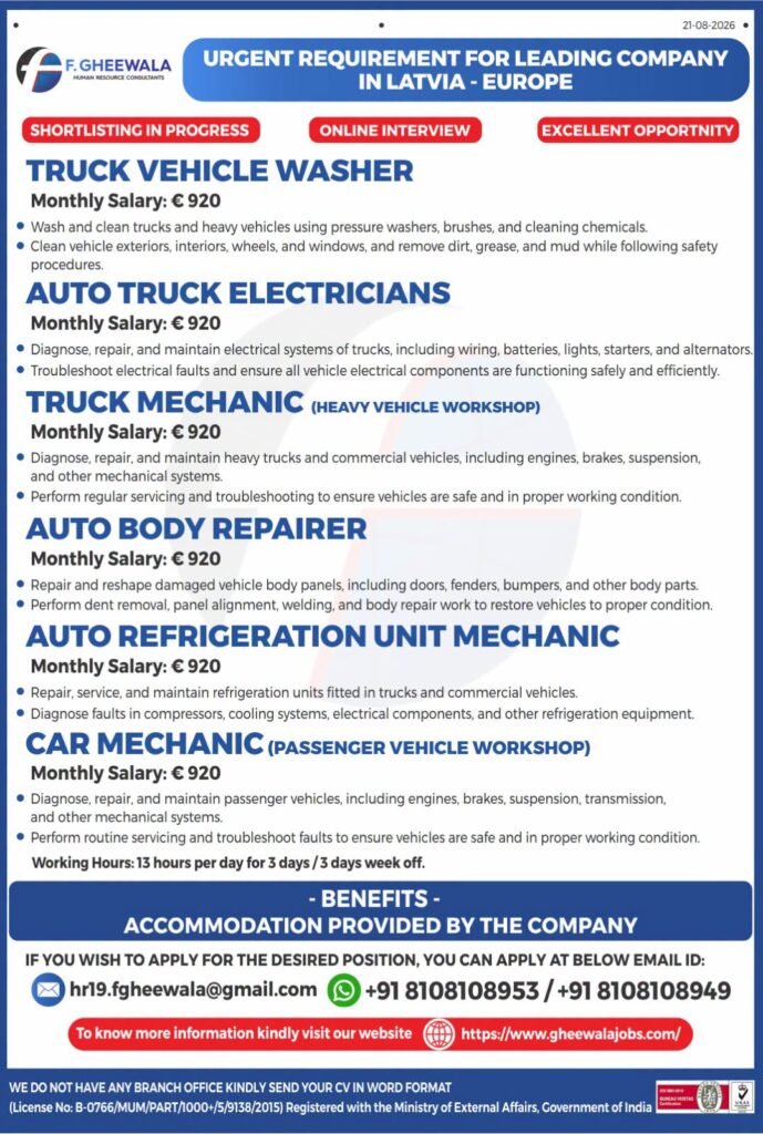Latvia Jobs 2026 – Urgent Hiring for Truck and Automobile Professionals | Europe Jobs
