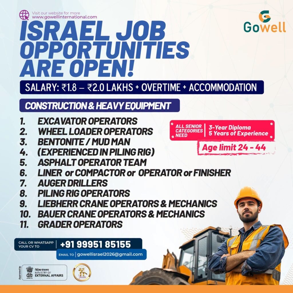 Israel : Job opportunities for experienced construction & heavy equipment professionals Israel : Job opportunities for experienced construction & heavy equipment professionals