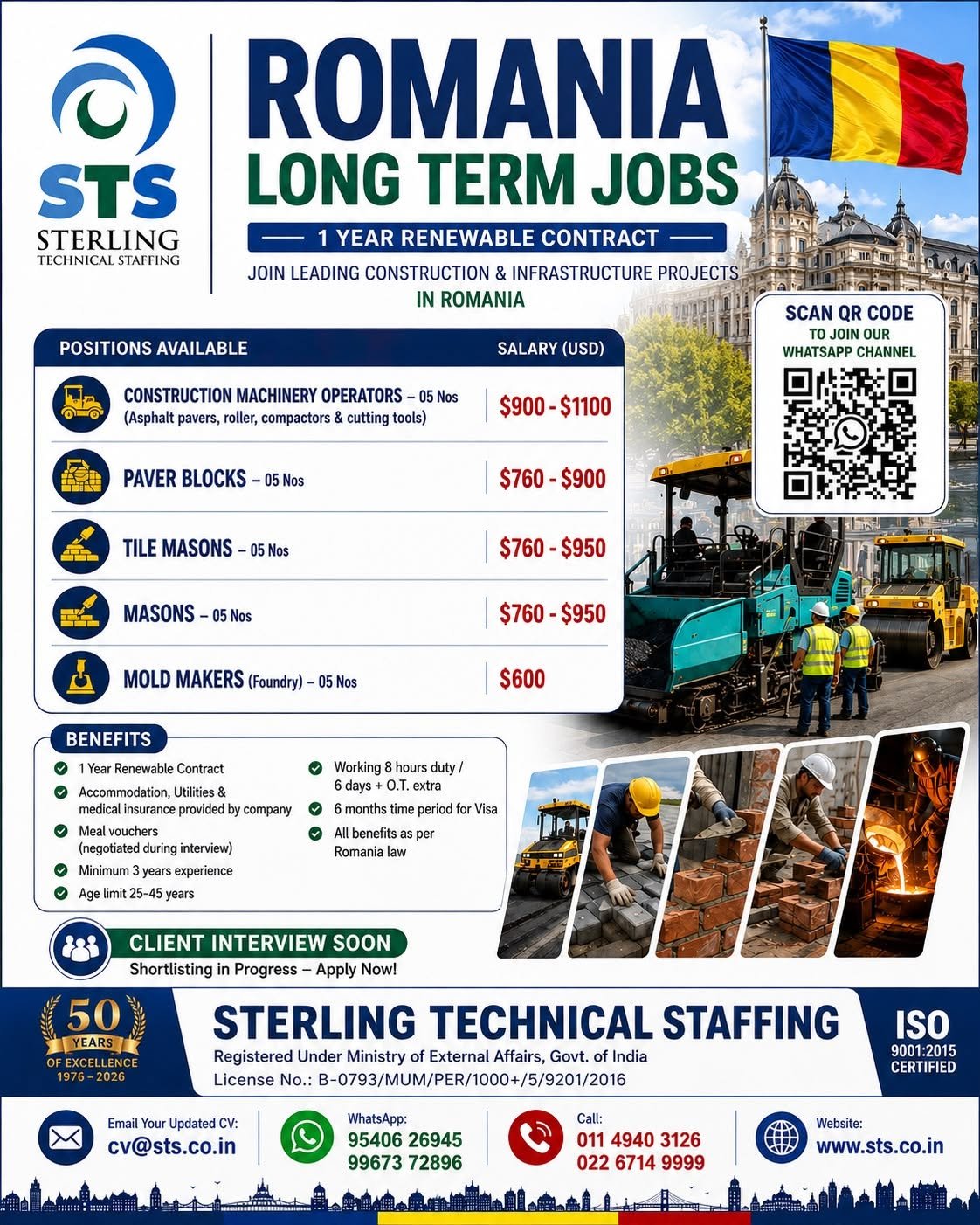 Romania Jobs 2026 – Long-Term Construction Vacancies with Salary & Benefits