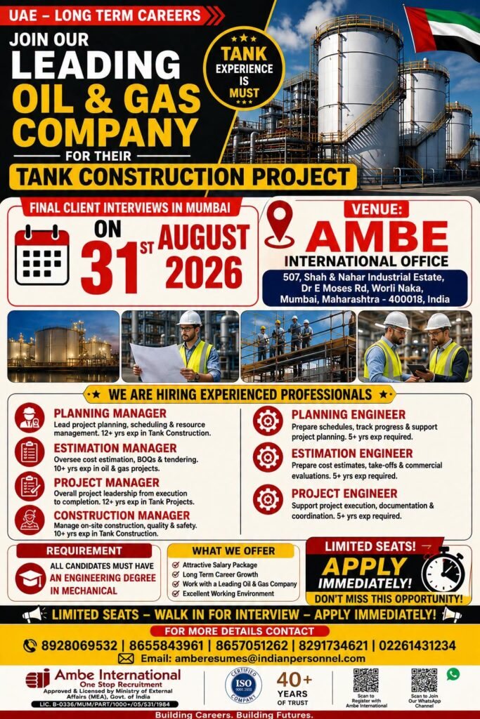 UAE Oil & Gas Jobs 2026 – Tank Construction Project Hiring 