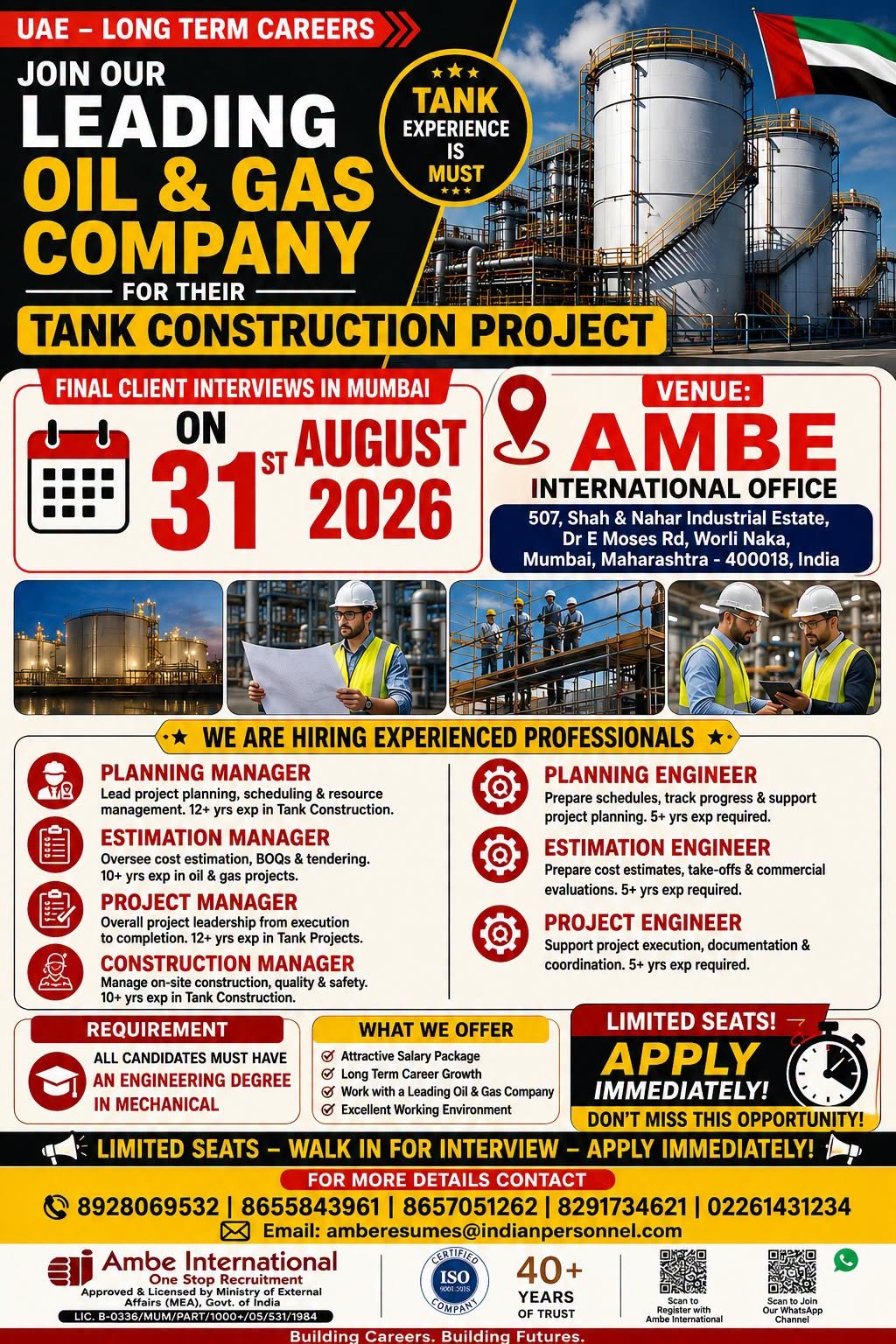 UAE Oil & Gas Jobs 2026 – Tank Construction Project Hiring 