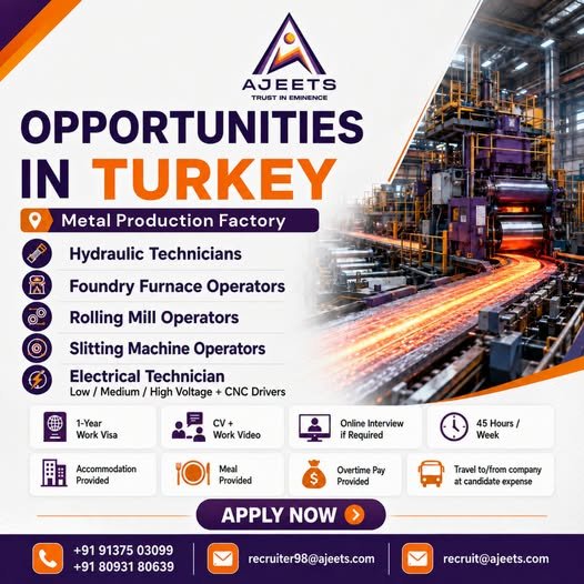 Hiring For A reputed Metal Production Factory in Turkey
