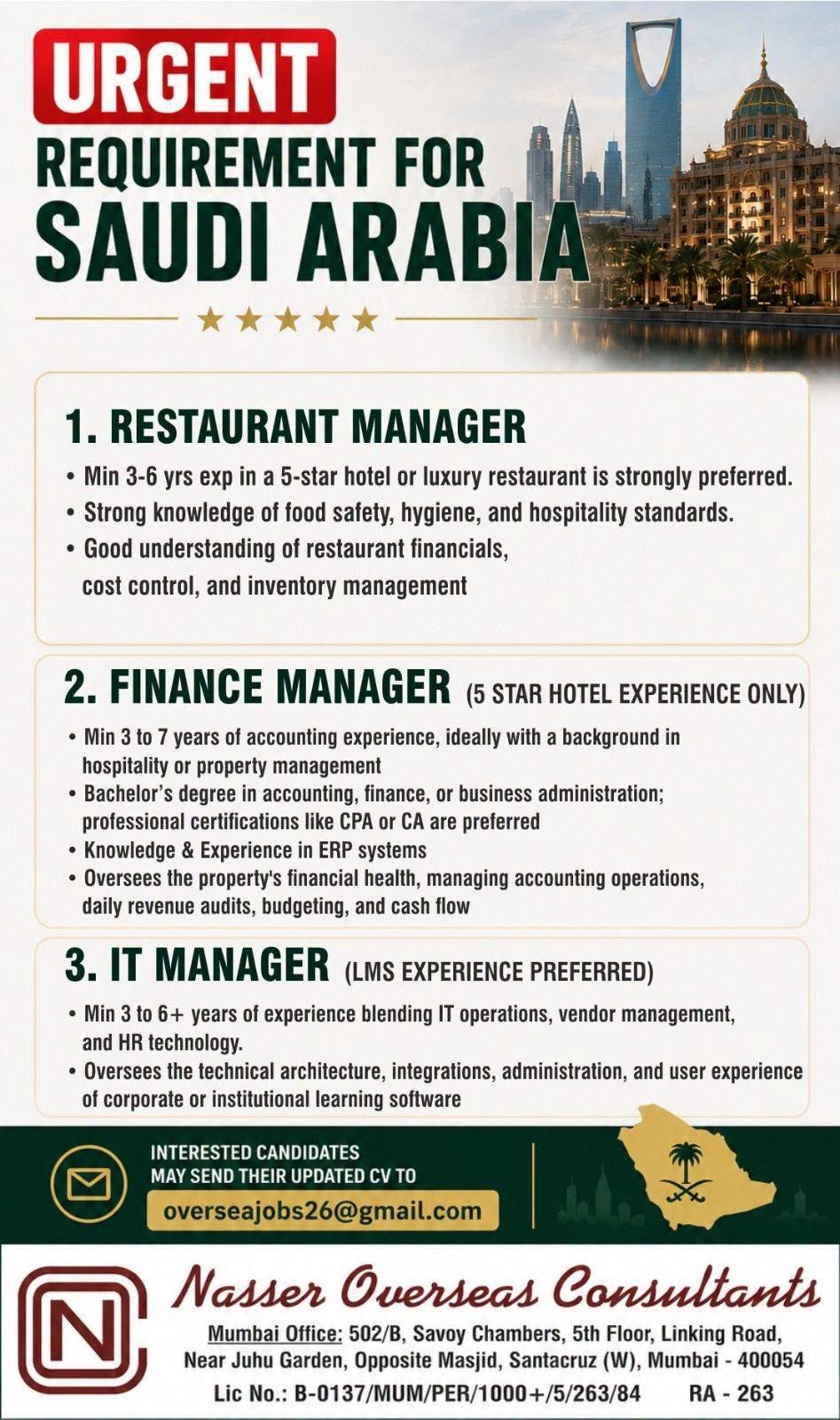 Saudi Arabia Jobs 2026 – Restaurant Manager, Finance Manager & IT Manager Vacancies