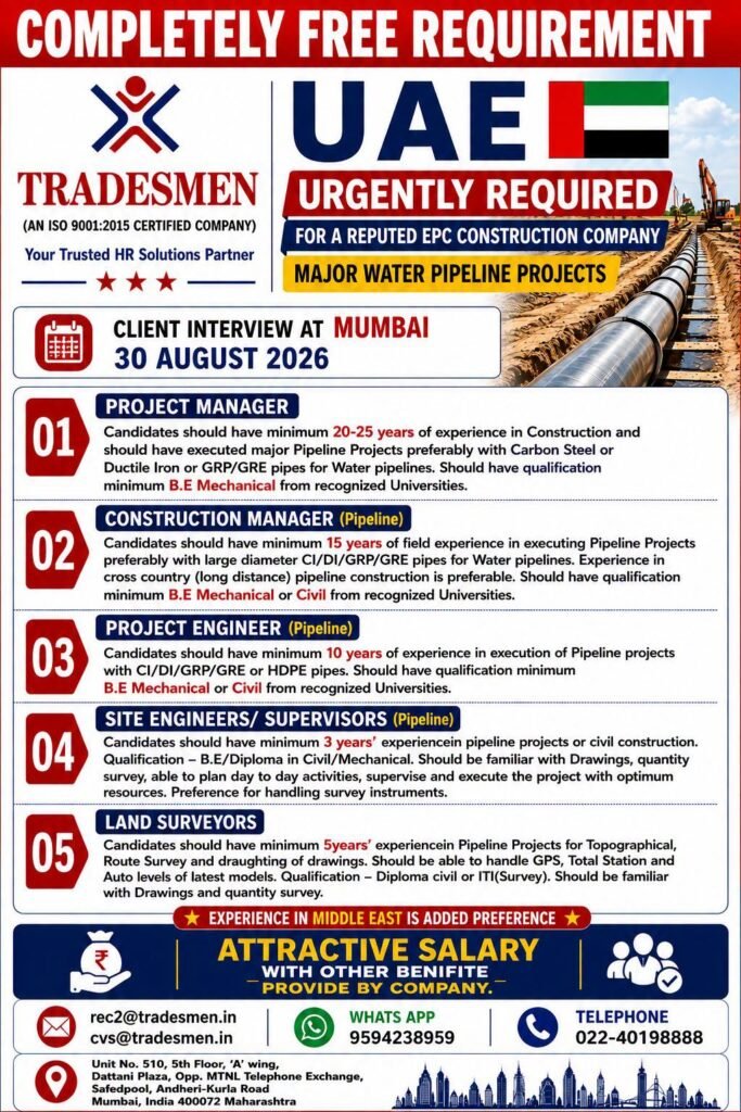 UAE Jobs 2026: Urgent Recruitment for Major Water Pipeline Projects