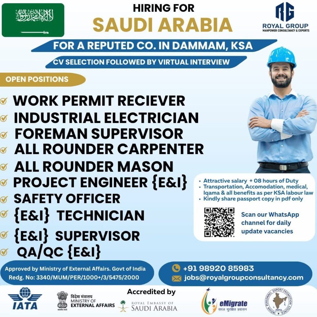 Saudi Arabia Jobs 2026 – Dammam Vacancies for Electricians, Engineers, Supervisors & Technicians