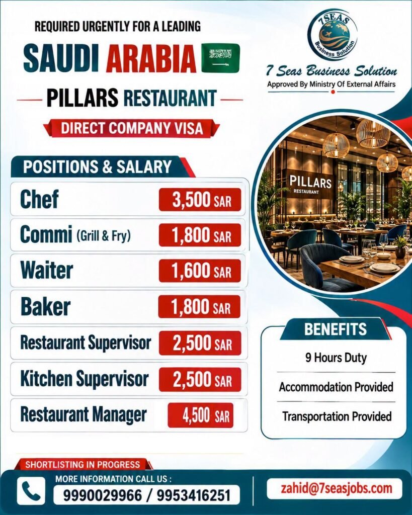 Hiring for a Leading Restaurant in Saudi Arabia