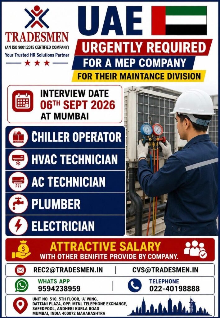 UAE Jobs 2026: Urgent MEP Maintenance Vacancies in Dubai and UAE