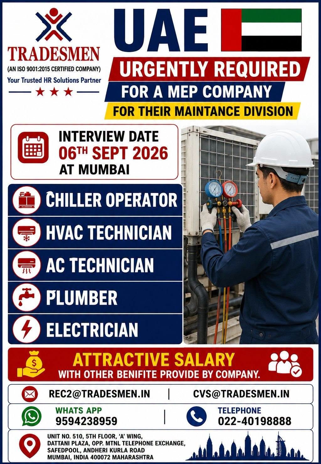 UAE Jobs 2026: Urgent MEP Maintenance Vacancies in Dubai and UAE