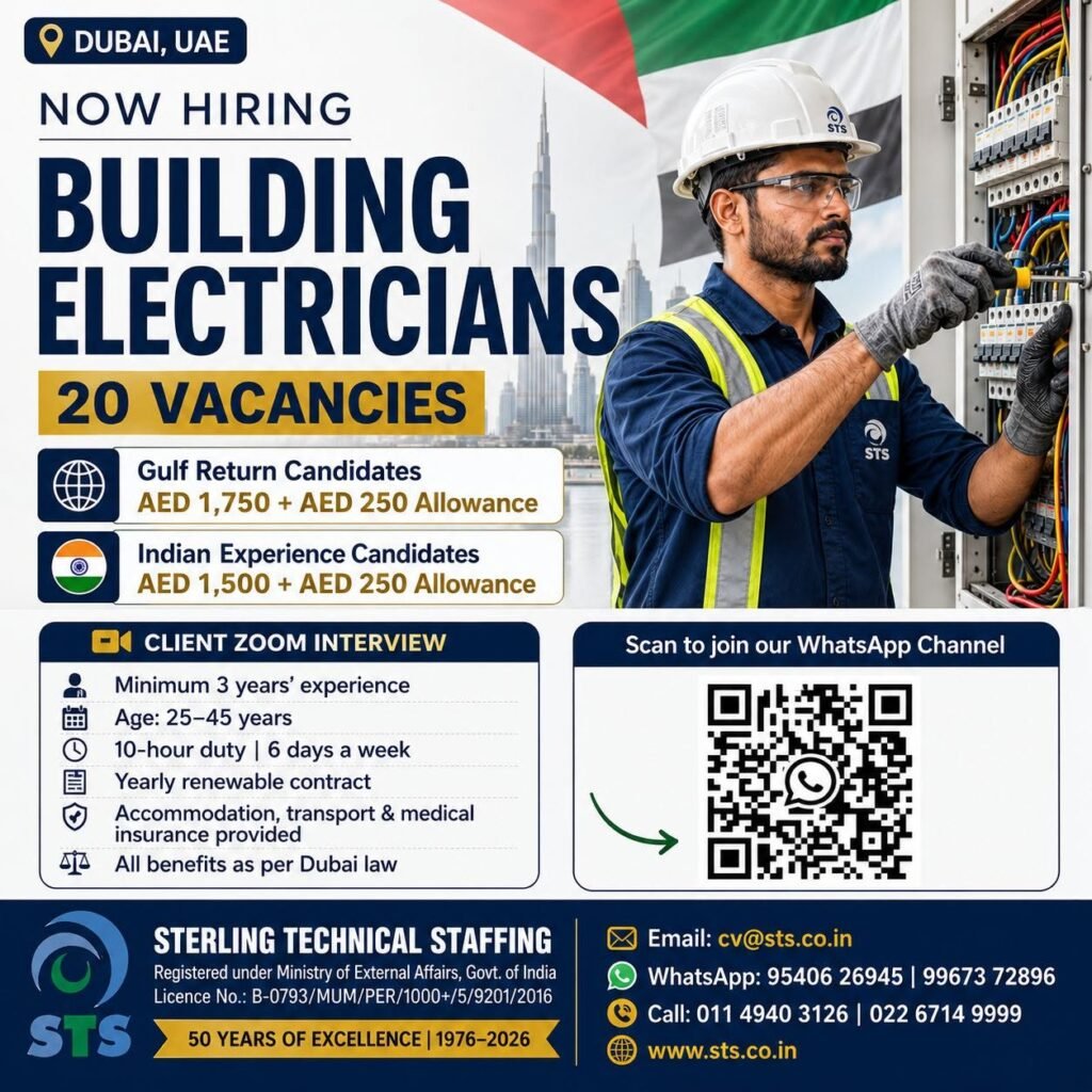 hiring experienced Building Electricians for a reputed opportunity in Dubai. hiring experienced Building Electricians for a reputed opportunity in Dubai.