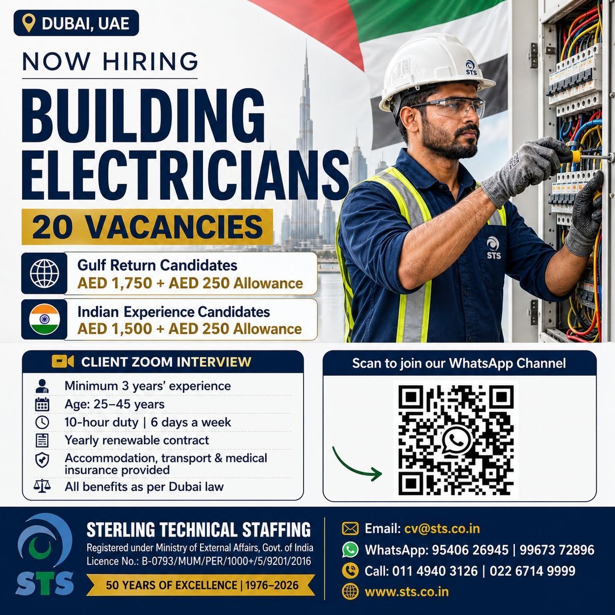 hiring experienced Building Electricians for a reputed opportunity in Dubai.