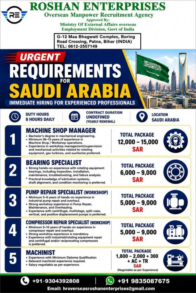 Saudi Arabia Recruitment 2026: Urgent Job Vacancies for Machine Shop Manager, Bearing Specialist, Pump Repair Specialist & Machinist