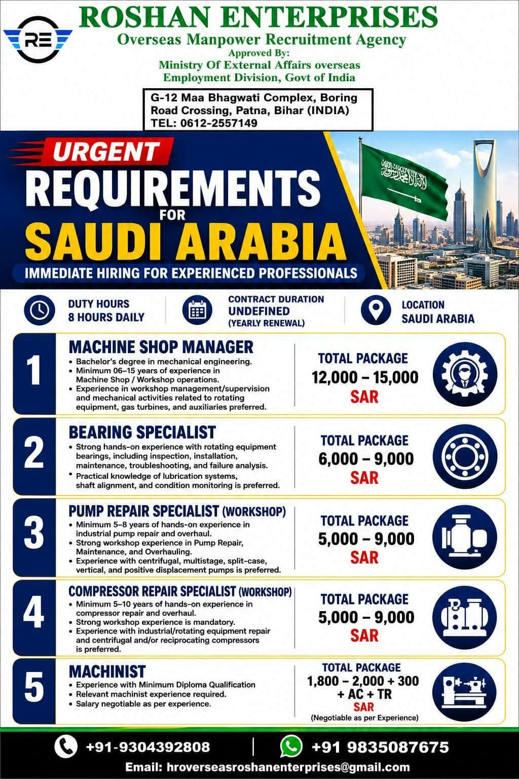 Saudi Arabia Recruitment 2026: Urgent Job Vacancies for Machine Shop Manager, Bearing Specialist, Pump Repair Specialist & Machinist