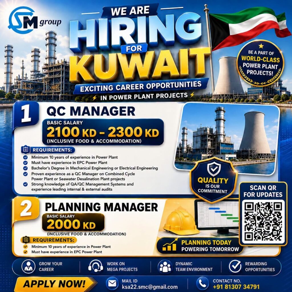 Kuwait Recruitment 2026 – QC Manager and Planning Manager Jobs in Power Plant Projects