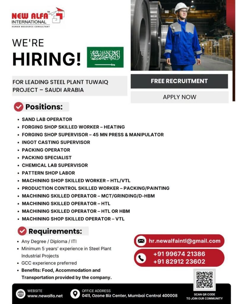 Saudi Arabia Steel Plant Jobs 2026 – Tuwaiq Project Hiring | Free Recruitment Saudi Arabia Steel Plant Jobs 2026 – Tuwaiq Project Hiring | Free Recruitment