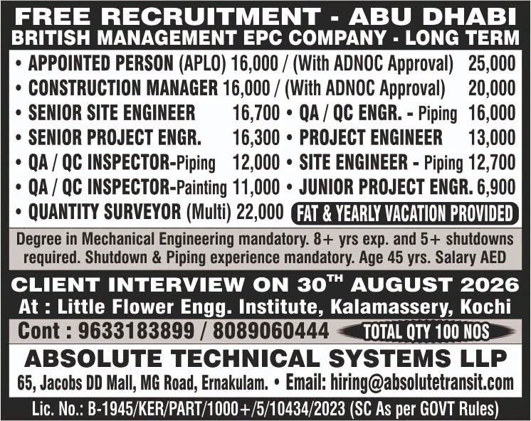 Abu Dhabi Jobs 2026 – Job Vacancies for Engineers, QA/QC & Quantity Surveyors