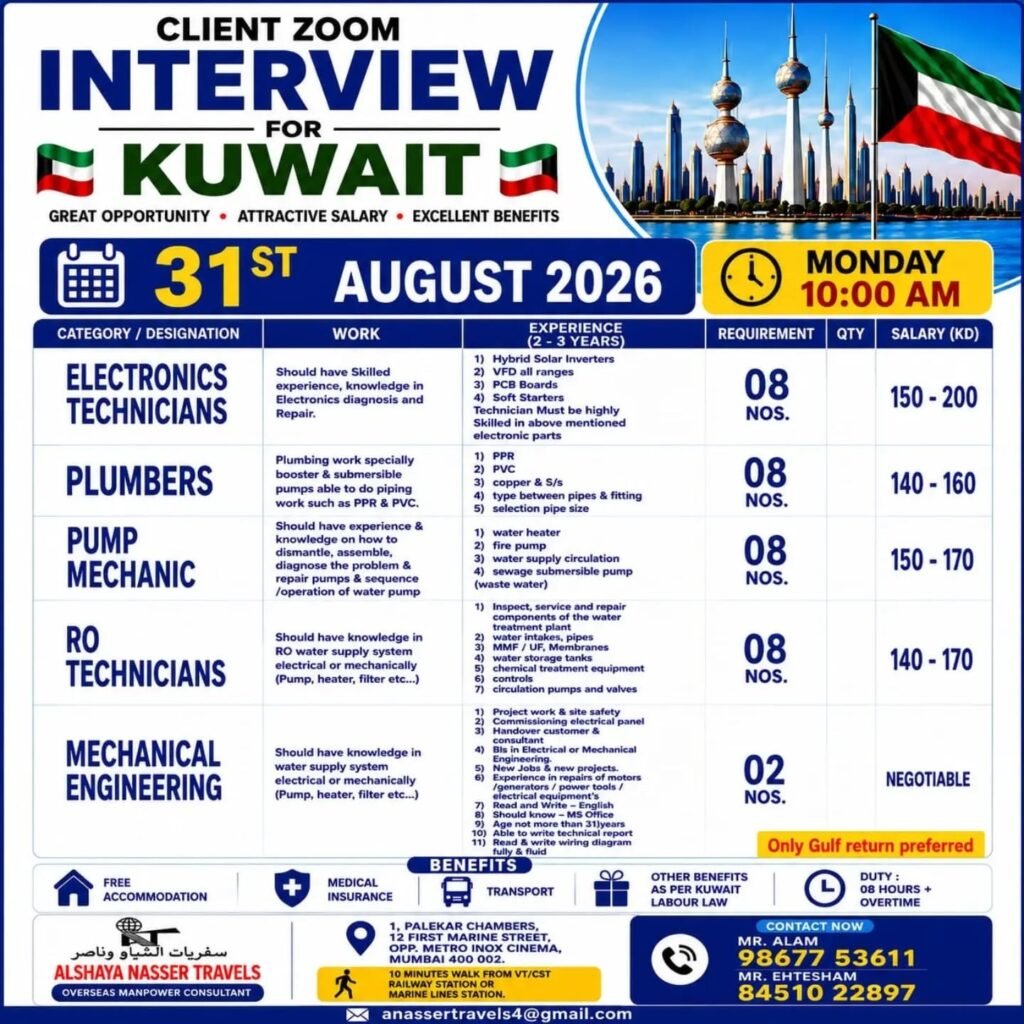 Kuwait Jobs 2026 – Zoom Interview for Reputed Company