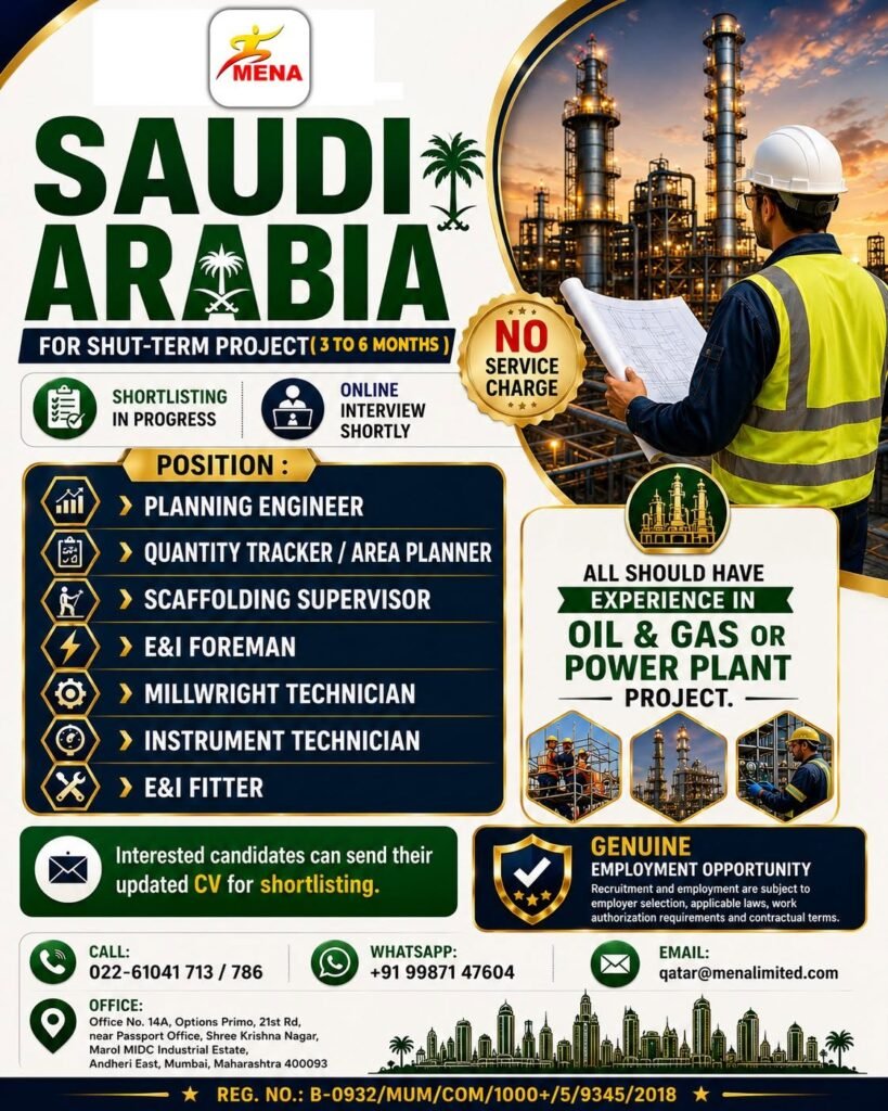 Saudi Arabia Jobs 2026: Oil & Gas Shutdown Project Vacancies for Engineers and Technicians